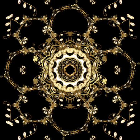 Golden seamless pattern on yellow colors with golden elements. Vector illustration. Seamless damask classic golden pattern. Vector abstract background with repeating elements.のイラスト素材