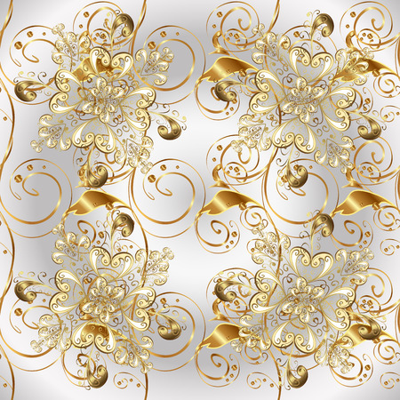 Ornamental damask pattern background for sketch design in the style of Baroque. Golden pattern on neutral, gray and beige colors with golden elements. Ornate vector decoration.のイラスト素材