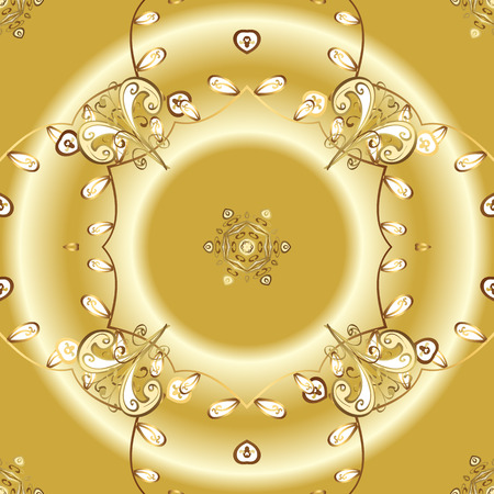 Ornamental royal luxury golden baroque damask vintage. Vector ornamental pattern with gold antique floral medieval decorative, leaves and golden pattern ornaments on yellow, beige and neutral colors.のイラスト素材