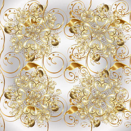 Golden element on a neutral, gray and beige colors. Golden floral ornamental pattern. Damask background. Gold floral ornament in baroque style.のイラスト素材
