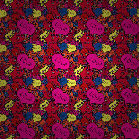 Valentines day. Romantic sketch for girls, textile, clothes. Abstract seamless love pattern. Girlish repeated backdrop with hearts, drawing in sketch style on magenta, red and black colors. Vector.のイラスト素材