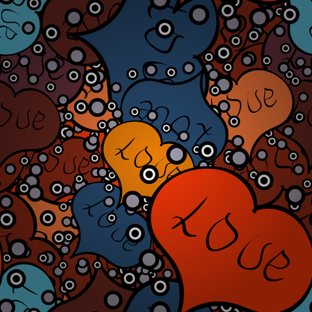 Seamless raster love pattern with hearts. Vector illustration. Pattern for wrapping, cover, background, surface print. Endless background with hand drawn figures on blue, orange and black colors.のイラスト素材