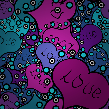 Nice hearts love on black, purple and blue colors on cute background. Vector. Love and happy designs. Card, label. Summer style illustration with cute elements. Seamless colorful boho pop art style.のイラスト素材