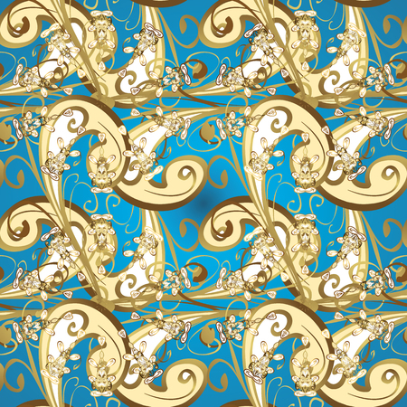 Seamless golden textured curls. Vector illustration. Vector golden pattern. Oriental style arabesques. Blue, beige and yellow colors with gold elements.のイラスト素材