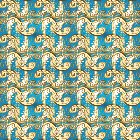 Seamless vintage pattern on beige, blue and yellow colors with golden elements. Christmas, snowflake, new year 2019.のイラスト素材