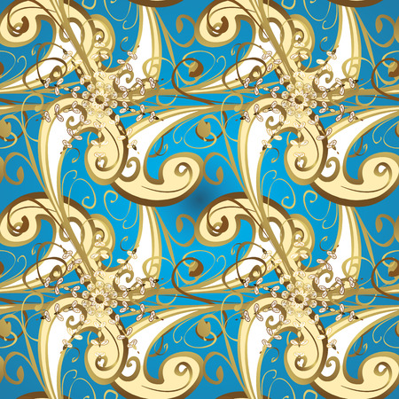 Seamless pattern on blue, beige and yellow colors with golden elements. Vector illustration. Classic vintage background. Seamless classic vector golden pattern. Traditional orient ornament.のイラスト素材