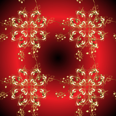 Winter snow texture sketch. Golden snowflakes on red, brown and beige colors. Christmas golden snowflake ornamental pattern. Symbol holiday, New Year celebration vector golden pattern.のイラスト素材