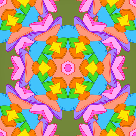 Flat doodles. Vector illustration. Cute fabric pattern. Design. Seamless Print. Elements blue, green and orange on colors.のイラスト素材