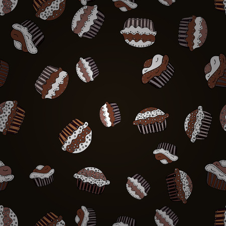 Vector illustration. For food poster design. Seamless with cupcake on gray, white and brown Background. Wrapping paper.のイラスト素材