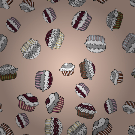 Vector illustration. Sweets design. Hand drawn outlined colorful seamless pattern with cupcakes, cute background on neutral, white and gray.のイラスト素材