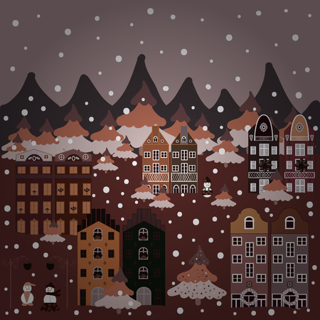 Vector illustration. Vector cartoon drawing of Christmas suburban houses with making a snowman. Illustration on brown, gray and neutral colors.のイラスト素材