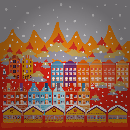 Flat Design Urban. Vector Abstract Architecture Illustration. Houses. Landscape on neutral, orange and red colors background.のイラスト素材