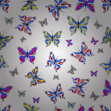 Spring Background with Colorful Butterflies. Vector Background on white, blue, black colors. Trendy Decoration with Beautiful Butterfly Silhouettes. Cute Feminine Pattern for Card, Invitation, Print.のイラスト素材