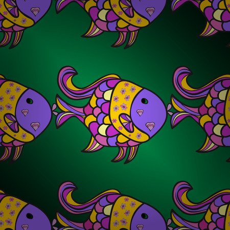 Vector illustration. Fishes on green, violet and gray colors. Gradient scene with colorful fish swimming underwater illustration.のイラスト素材
