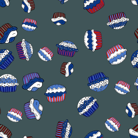 Cute birthday pattern on white, blue and black. Seamless cupcake, fairy cake. Vector. For food poster design.のイラスト素材