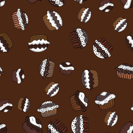 Vector illustration. Black, white and brown color. Sweets background design. Print for bakery. Seamless pattern hand drawn cupcakes.のイラスト素材