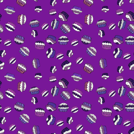 Sweets background design. Vector illustration. Pale purple, violet and white seamless pattern with cupcakes. Cute birthday background on purple, violet and white.のイラスト素材