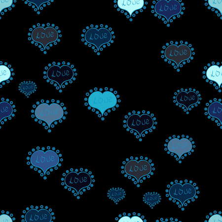 Graphic on black, gray and blue colors. Art for web, textile, fabric. Vector. Hand drawn illustration in cartoon style. Seamless love pattern with cute lettering calligraphy text and hearts, envelopesのイラスト素材