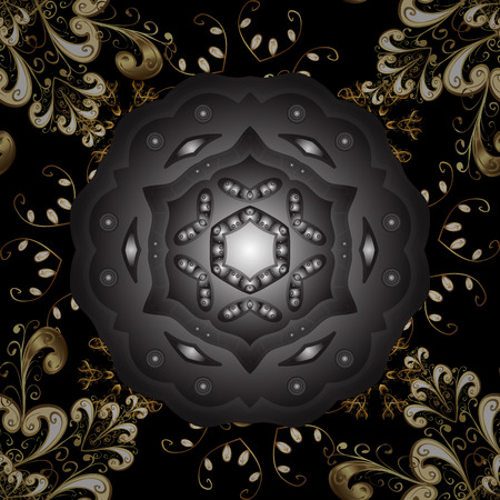 Seamless royal luxury golden baroque damask vintage. Vector seamless pattern with gold antique floral medieval decorative, leaves and golden pattern ornaments on black colors.のイラスト素材