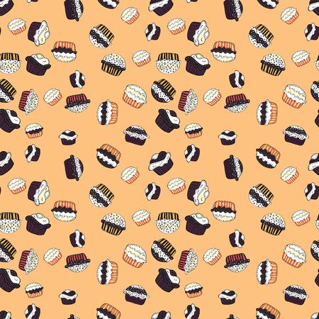 Seamless.Cupcake vector pattern. Vector illustration. Muffin. Happy birthday cupcake background in white, beige and purple. Cupcake pattern background.のイラスト素材