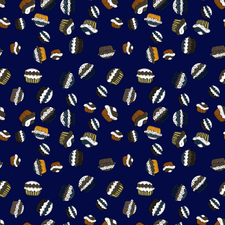 Nice birthday pattern on black, blue and white. Cupcake pattern. Vector illustration. Seamless of hand drawn vintage cute cupcakes and muffins.のイラスト素材