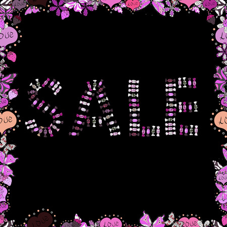 Colorful design. SALE Banner Card with Lettering. Illustration in pink, black and violet colors. Lettering. Vector illustration. Seamless.のイラスト素材