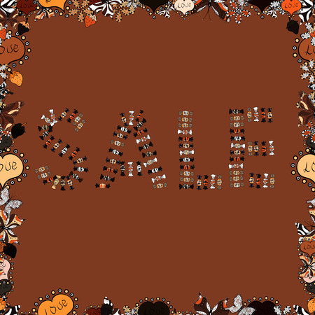 Seamless. Illustration in brown, black and orange colors. Stock clearance banner, Sale Label. Vector. Lettering.のイラスト素材