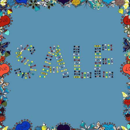 Sale tags on a black, gray and blue background. Seamless pattern. Picture in black, gray and blue colors. Vector illustration. Lettering.のイラスト素材