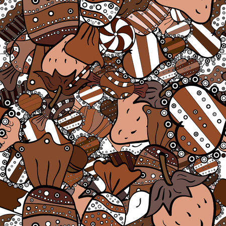 Seamless pattern cake. Vector illustration. For food poster design. Bright birthday pattern on brown, black and white.のイラスト素材