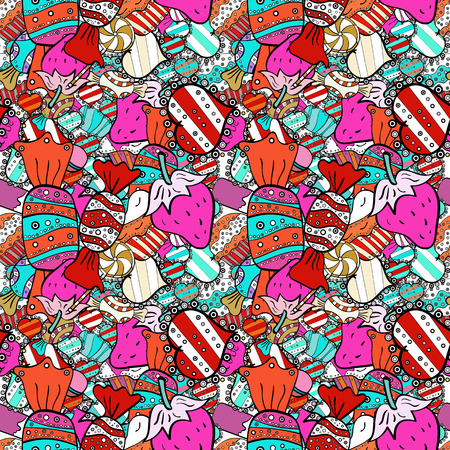 Sweet for textile, cards, web design: delicious realistic seamles background: graphic fantastic candy. Vector seamless pattern with candy in black, orange and white.のイラスト素材