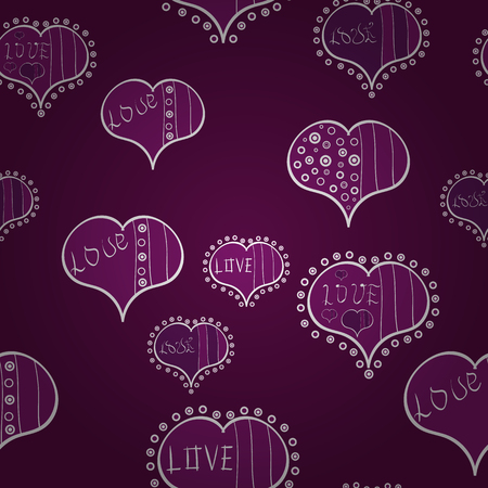 Seamless vector pattern with hearts. Background with hand drawn symbols. Template for wrapping, decor, surface, cards, backgrounds, textile, print. Drawing in sketch style on purple, white colors.のイラスト素材