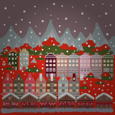 Nordic nature landscape concept. Perfect for kids fabric, textile, nursery wallpaper. Childish pattern with house and trees. Vector. Scandinavian style on pink, gray and red colors.のイラスト素材
