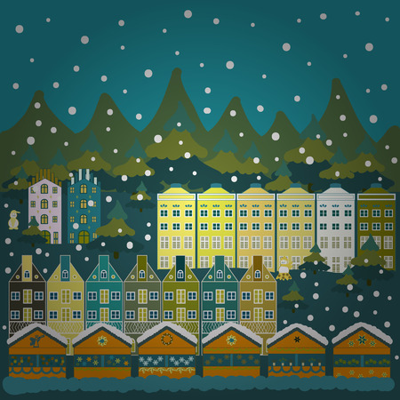 Paper art carving. Paper art of happy new year house with on yellow, green and blue colors hills. Vector illustration.のイラスト素材