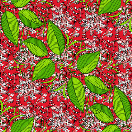 Leaves pattern on black, red and green colors Vector illustration. Seamless pattern with marine plants, leaves and seaweed. Hand drawn marine flora in watercolor style.のイラスト素材