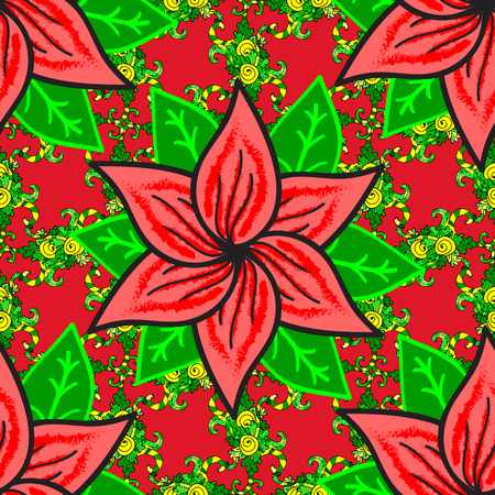 Vector pattern. Pattern with spring flowers with branch, on pink, red and green colors with flower silhouette.のイラスト素材