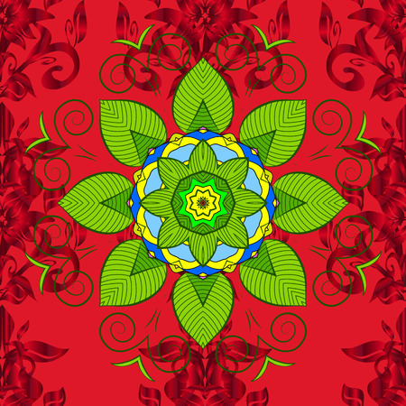 Vector illustration. Seamless realistic blue, red and green Leaves Pattern Background Bright Nature Foliage Movement for Poster. Leaves on blue, red and green background.のイラスト素材