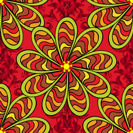 Cute flowers pattern with red, yellow and black colors. Colour Spring Theme seamless pattern Background. Flat Flower Elements Design. Vector Fashionable fabric pattern.のイラスト素材