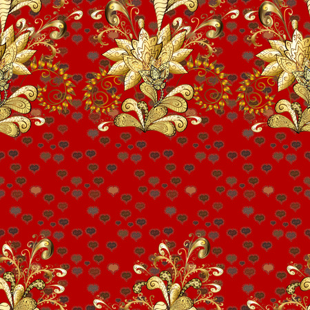 Hand drawn decorative frame, album cover, greeting card, vintage Art deco style. Vector abstract floral wreath from golden doodle fantasy leaves and flower on a brown and red colors.のイラスト素材