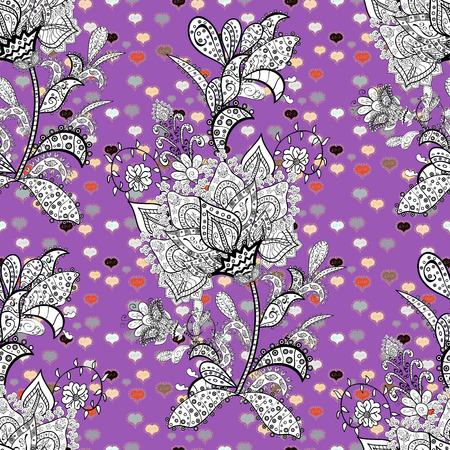 Vector illustration. Gentle, spring floral on violet, white and black colors. Watercolor painting of leaf and flowers, seamless pattern on violet, white and black colors.のイラスト素材