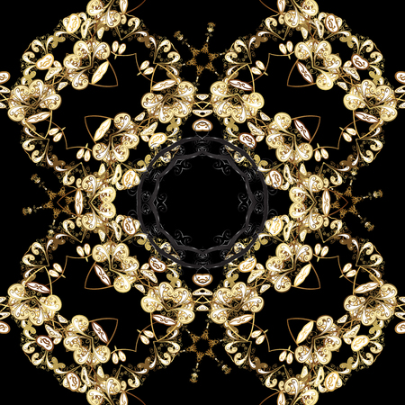 Golden pattern on black colors with golden elements. Seamless oriental ornament in the style of baroque. Traditional classic golden pattern. Vector oriental ornament.のイラスト素材