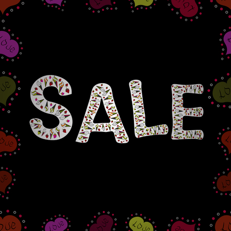 Illustration in red, white and black colors. Seamless pattern. Vector lettering. Sale banner.のイラスト素材