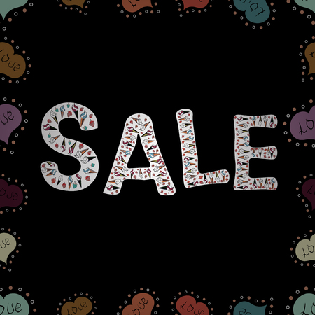 Of calligraphy summer sale, favourite brands. Lettering in white colors. Seamless. Friday, magic sale, logotype, print, text for sell out, clearance sale, closeout, giveaway, promo of fashion. Vector.のイラスト素材