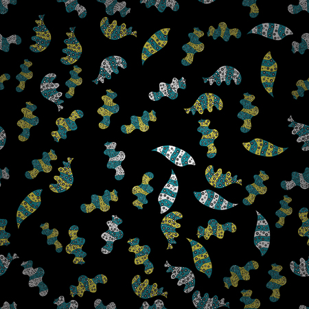 Seamless Print. Flat doodles. Elements black, yellow and blue on colors. Vector illustration. Cute fabric pattern. Design.のイラスト素材