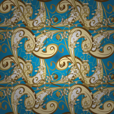 Seamless golden textured curls. Golden elements in oriental style arabesques. Vector golden seamless pattern. Seamless pattern on blue, beige and yellow colors.のイラスト素材