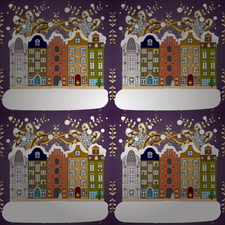 Concept for greeting or postal card. Christmas tree and snowman. Vector illustration. A house in a snowy Christmas landscape at night.のイラスト素材