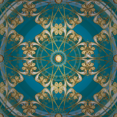 Golden floral ornament in baroque style. Golden element on blue and beige colors. Antique golden repeatable wallpaper. Damask seamless pattern repeating background.のイラスト素材