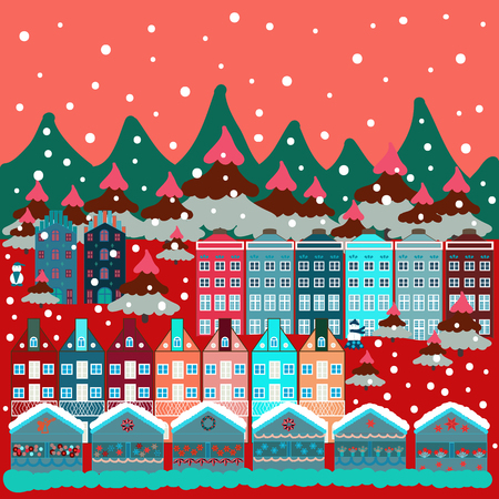 Cloudy winter landscape. Lonely house on a hill. Winter. Vector. Mountain landscape. Christmas illustration on pink, red and blue colors.のイラスト素材