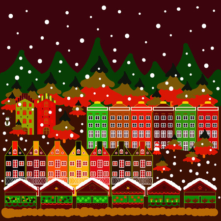 Vector illustration. Winter houses for Christmas and Christmas fabrics packaging paper and decor on red, brown and green colors.のイラスト素材