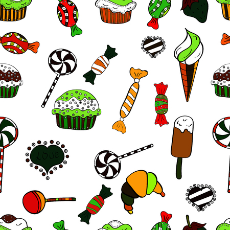 Colorful sugar sprinkle, candy or bakery design on a white, black and green background. Bright seamless vector confetti party pattern.のイラスト素材