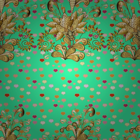 Vector abstract background with golden repeating elements on a beige, brown and green colors. Seamless oriental classic golden pattern.のイラスト素材